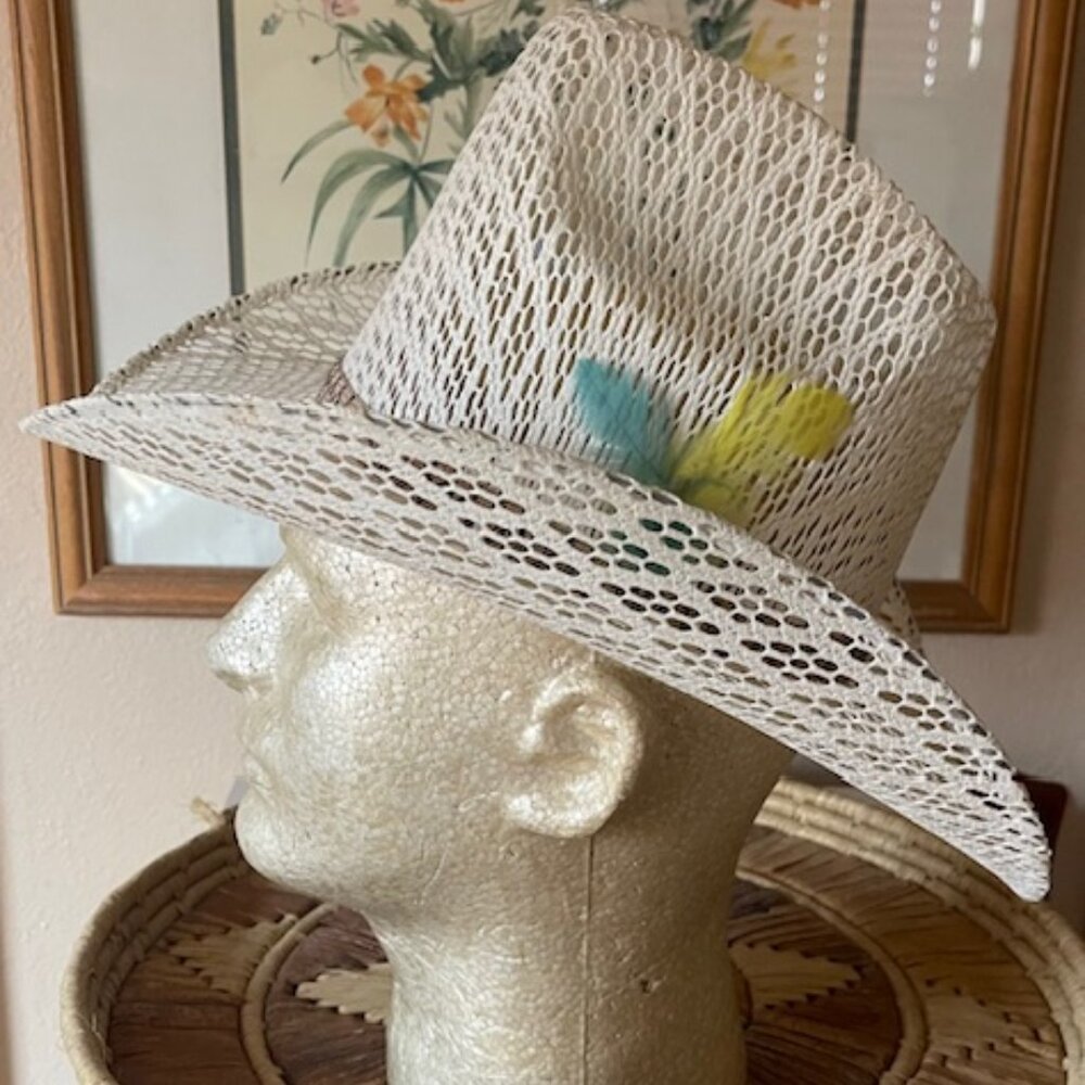 White Cowboy Hat Open-Weave Blue and Yellow Feathers Vintage